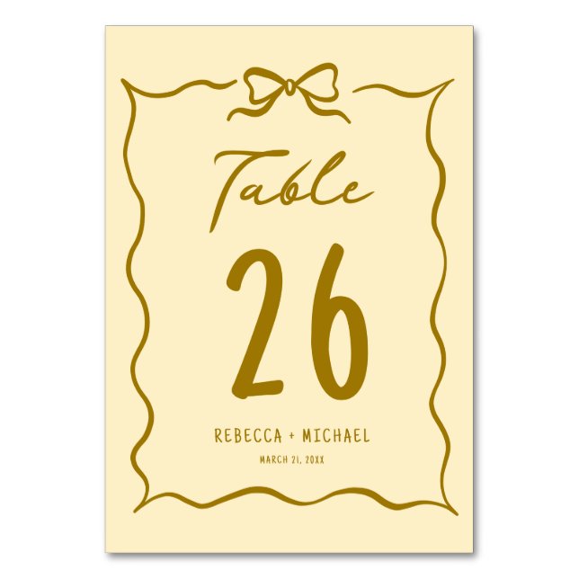 Butter Yellow Hand Drawn Bow Wedding Table Number (Front)
