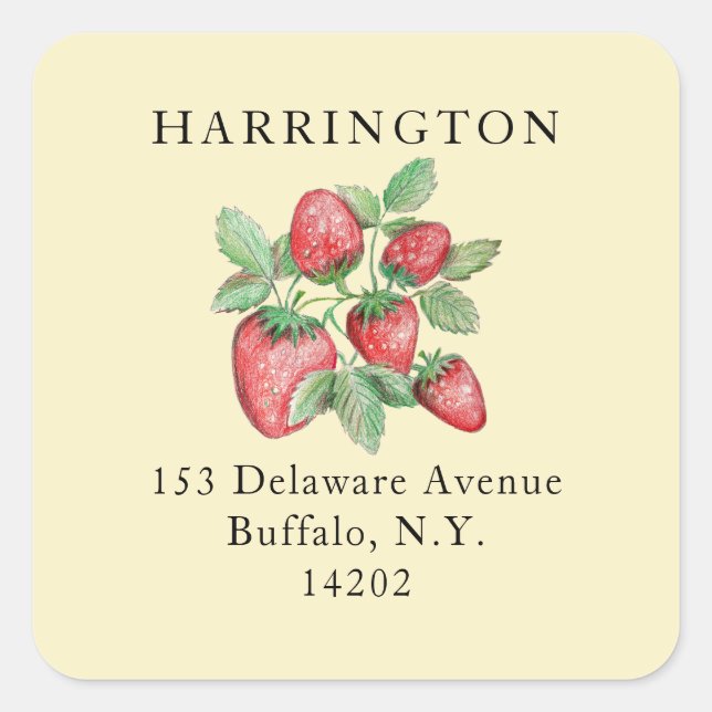 Butter Yellow Hand-Drawn Strawberry Return Address Square Sticker (Front)
