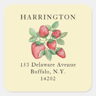 Butter Yellow Hand-Drawn Strawberry Return Address Square Sticker
