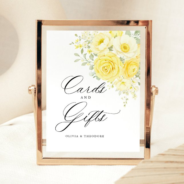 Butter Yellow Ivory Cards & Gifts Wedding Table Pedestal Sign (butter yellow cream floral wedding cards and gifts sign elegant wedding signage reception decor)