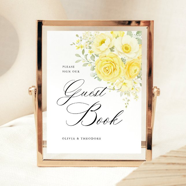 Butter Yellow Ivory Floral Guest Book Wedding Pedestal Sign (butter yellow floral wedding guest book sign elegant yellow ivory rose wedding guestbook table decor)