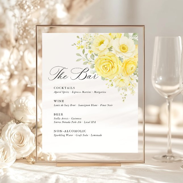 Butter Yellow Ivory Floral Wedding Bar Menu Pedestal Sign (butter yellow floral wedding bar sign, yellow rose cocktail menu, elegant reception table signage)