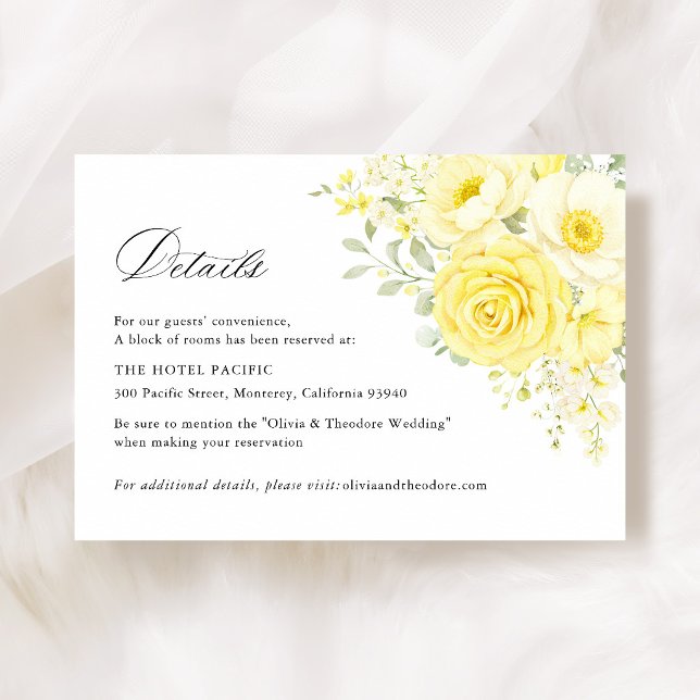 Butter Yellow Ivory Floral Wedding Hotel Details Enclosure Card (butter yellow ivory floral wedding details card hotel accommodation elegant wedding information card)