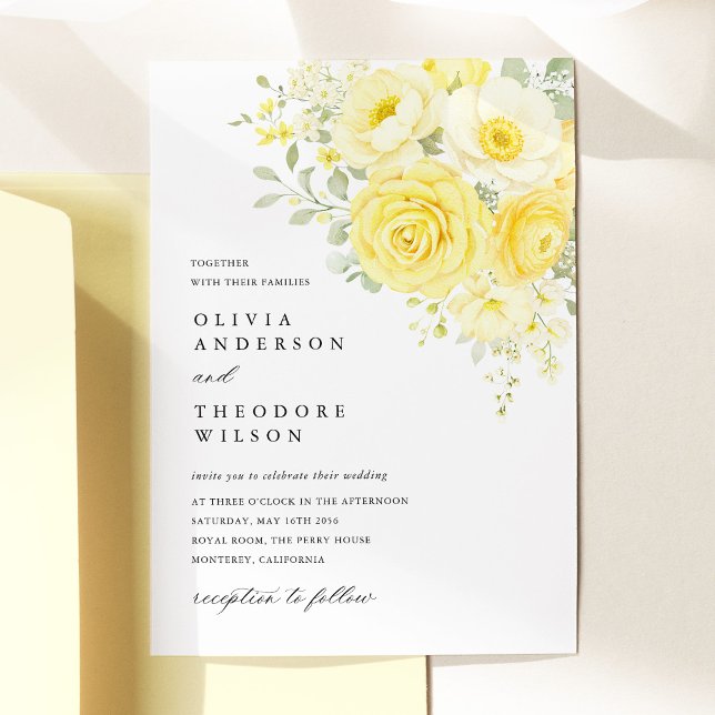 Butter Yellow Ivory Floral Wedding Invitation (butter yellow ivory floral wedding invitation yellow rose invitation elegant wedding stationery)