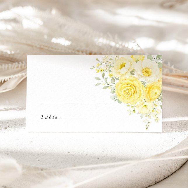 Butter Yellow Ivory Floral Wedding Name Place Card (butter yellow floral wedding place card escort card name card yellow rose table setting reception)
