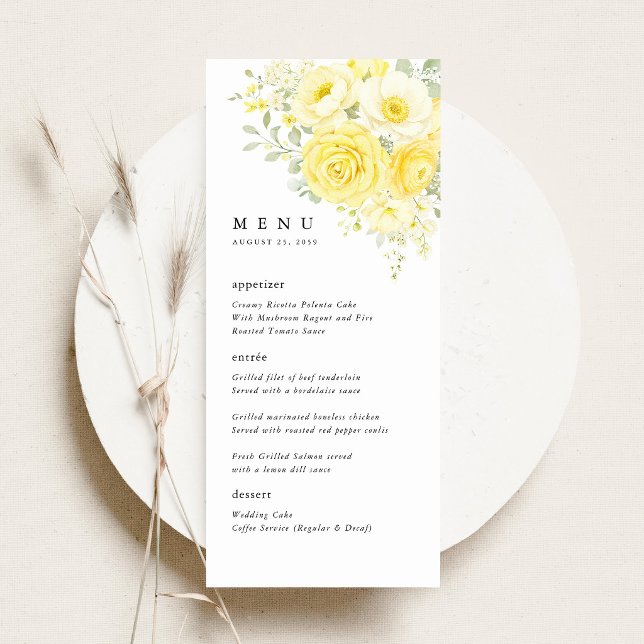 Butter Yellow Ivory Floral Wedding Reception Menu (butter yellow ivory floral wedding menu card yellow rose menu elegant reception table setting)