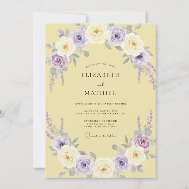 Butter Yellow Lilac Wreath Wedding Invitation (Front)