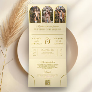 Butter Yellow Minimal Arch Photo QR code Wedding Tri-Fold Invitation