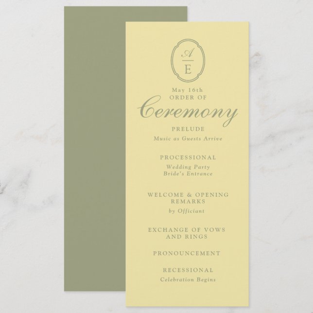 Butter Yellow Monogram Wedding Program Invitation (Front/Back)