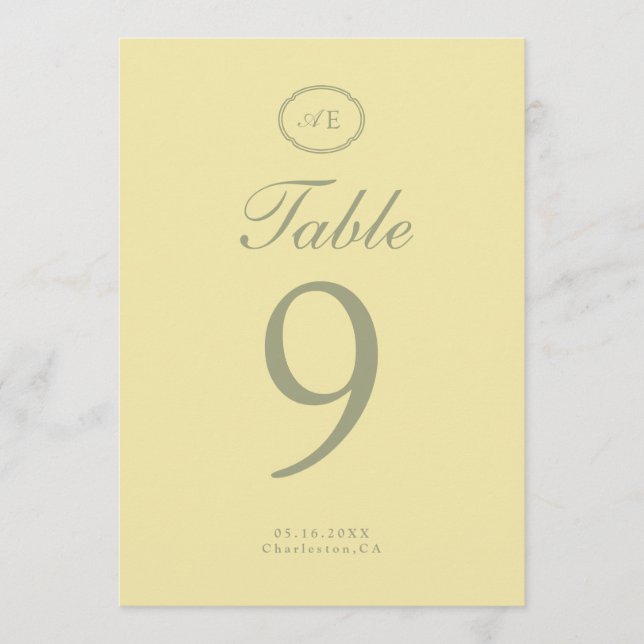 Butter Yellow Monogram Wedding Table Number (Front)