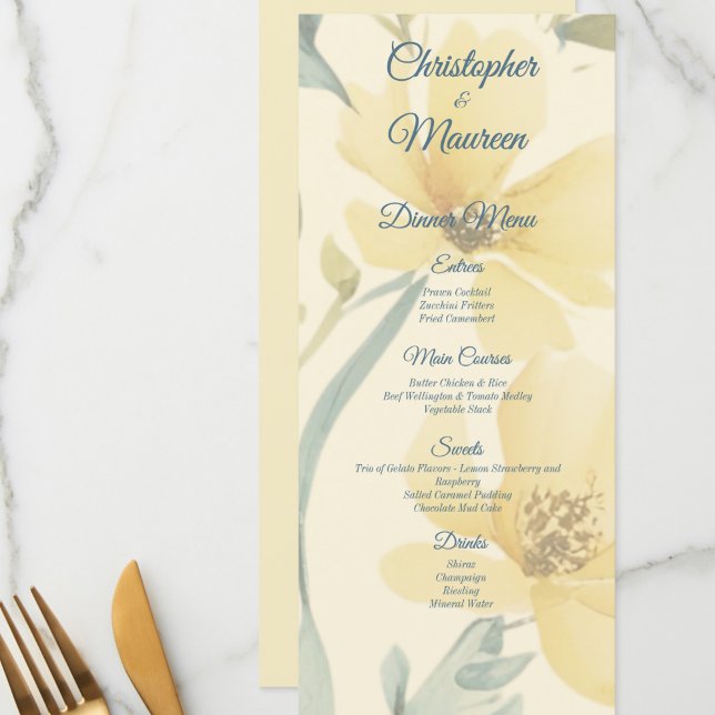 Butter Yellow Pale Blue Floral Watercolor Wedding Menu (These menus can be ordered for each seat, the tables or as large signs.  Room for 4 courses x 3)