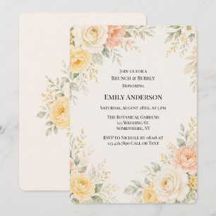 Butter Yellow Peach & Ivory Floral Brunch & Bubbly Invitation