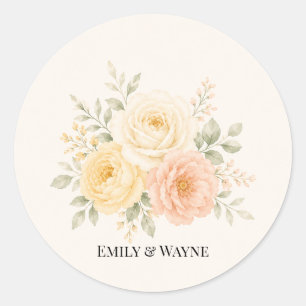 Butter Yellow Peach & Ivory Floral Wedding Classic Round Sticker
