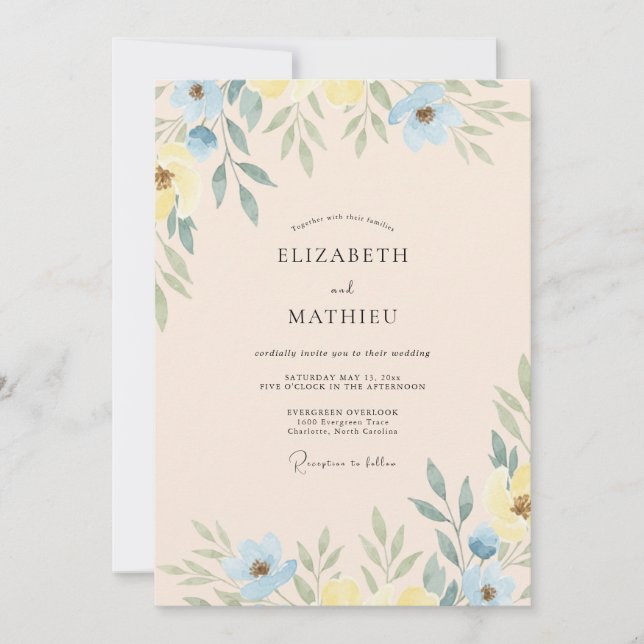 Butter Yellow Periwinkle Leafy Wedding Invitation (Front)
