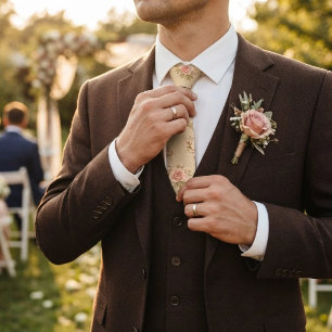 Butter Yellow Pink Rose Chintz Bouquet Pattern Tie