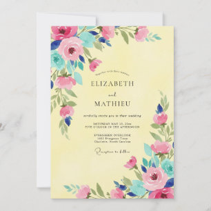 Butter Yellow Pink Wildflower Wedding Invitation