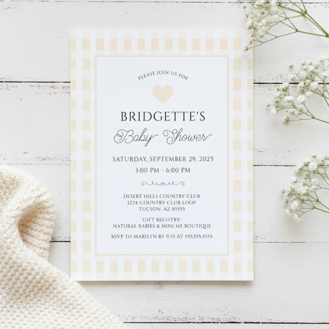 Butter Yellow Plaid Baby Shower Chic Invitation (chic yellow and white preppy plaid baby shower invitation with heart elegant script typography)