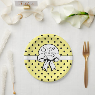 Butter Yellow Polka Dot White Bow Personalised Paper Plate