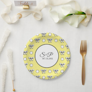 Butter Yellow Polka Dot White Bow Personalized Paper Plate