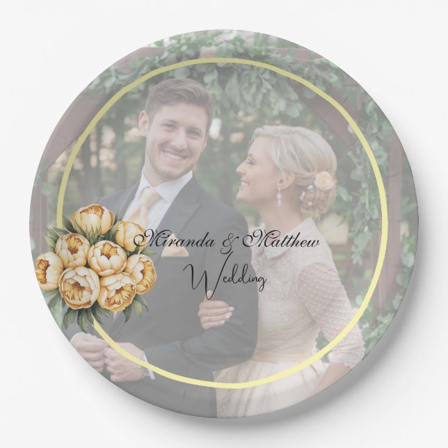 Butter-Yellow Rose Bouquet Wedding Photo Paper Plate (Front)