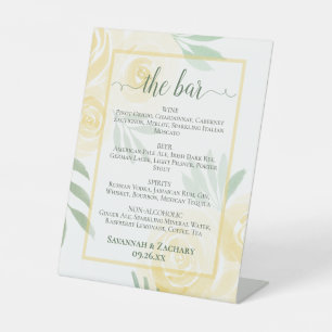 Butter Yellow Roses Wedding Drinks or Bar Menu Pedestal Sign