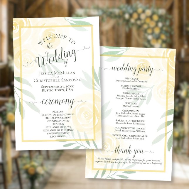 Butter Yellow & Sage Roses Budget Wedding Program (Front/Back)