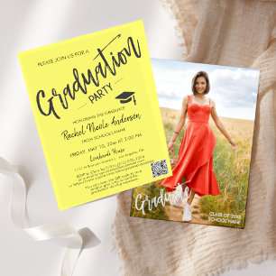 Butter Yellow Script QR Code Photo Graduation Invitation