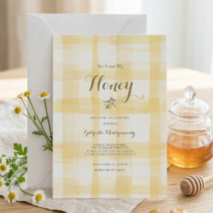 Butter Yellow She Found Her Honey Bee Plaid Bridal Invitation