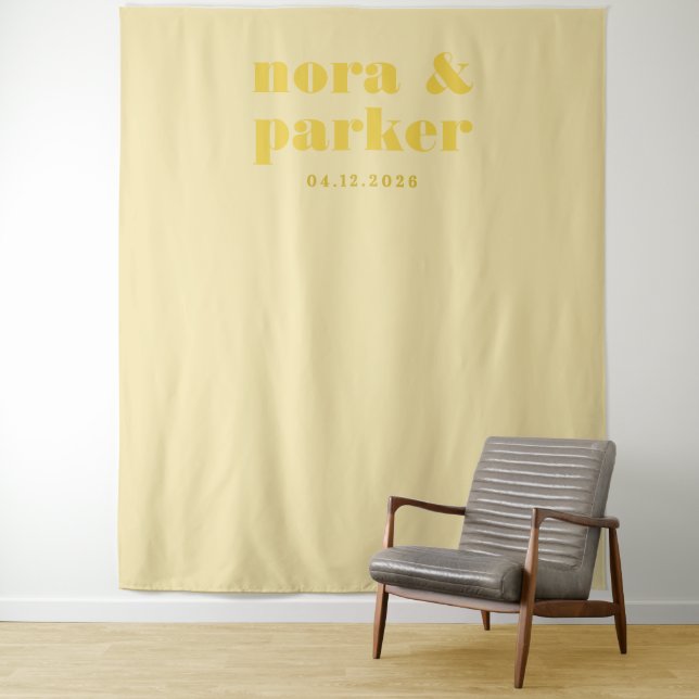 Butter Yellow Simple Wedding Welcome Backdrop Sign Tapestry (In Situ)
