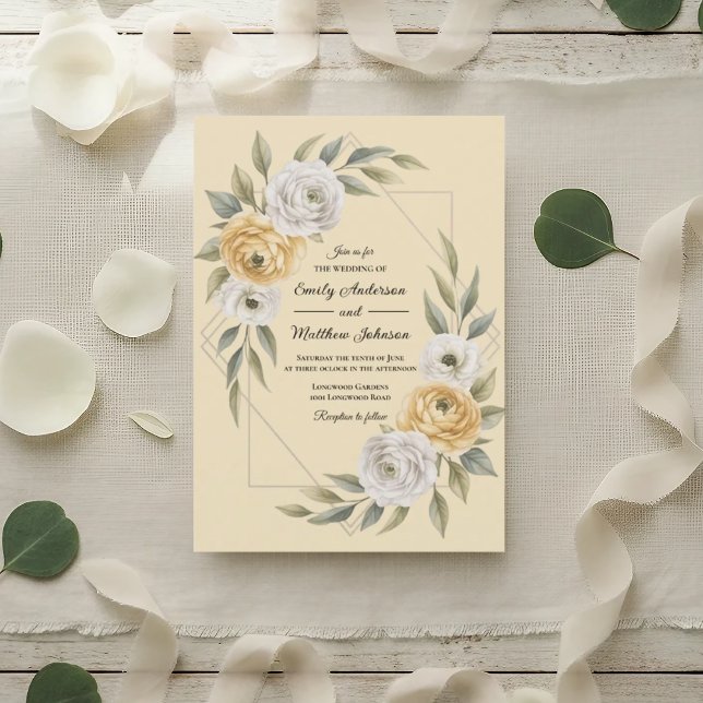 Butter Yellow Watercolor Floral Geometric Wedding Invitation (Creator Uploaded)