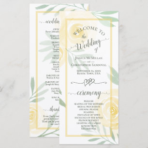 Butter Yellow Watercolor Roses Elegant Wedding Programme