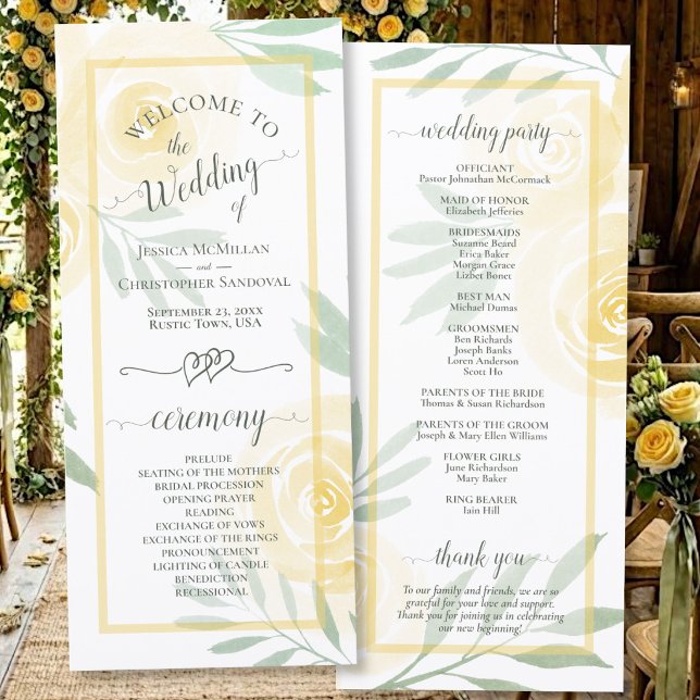 Butter Yellow Watercolor Roses Elegant Wedding Programme (Front/Back)
