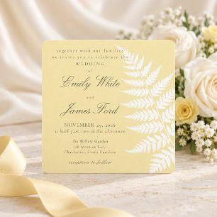 Butter Yellow White Fern Elegant Square Wedding Invitation