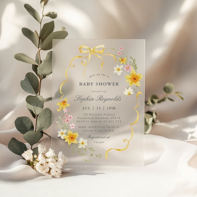 Butter Yellow Wildflower Coquette bow Baby shower Acrylic Invitations (Creator Uploaded)