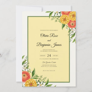 Butter Yellow Zinnia Soft Eucalyptus Wedding Invitation