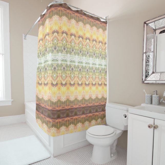 Butter Yellows Greens and Coral Shower Curtain (In Situ)