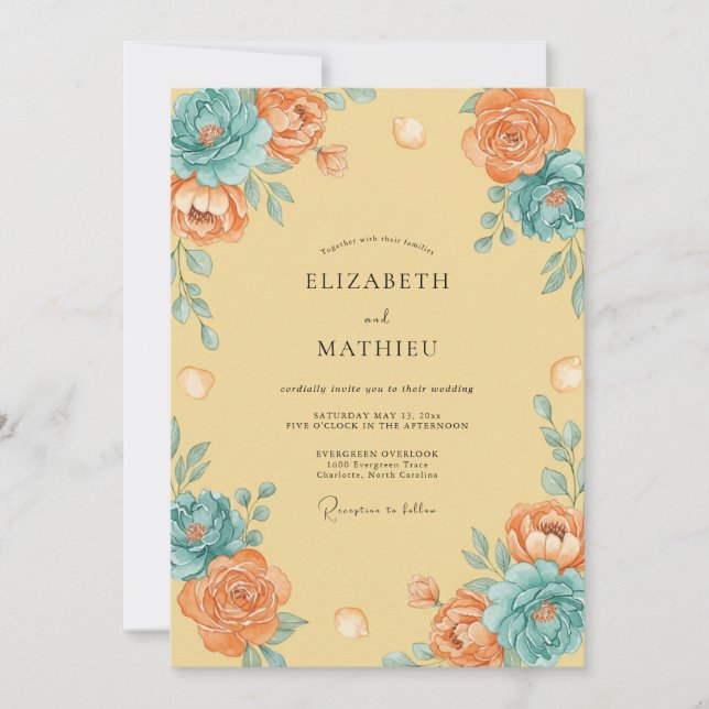 Buttercream Teal Ranunculus Eucalyptus Wedding Invitation (Front)