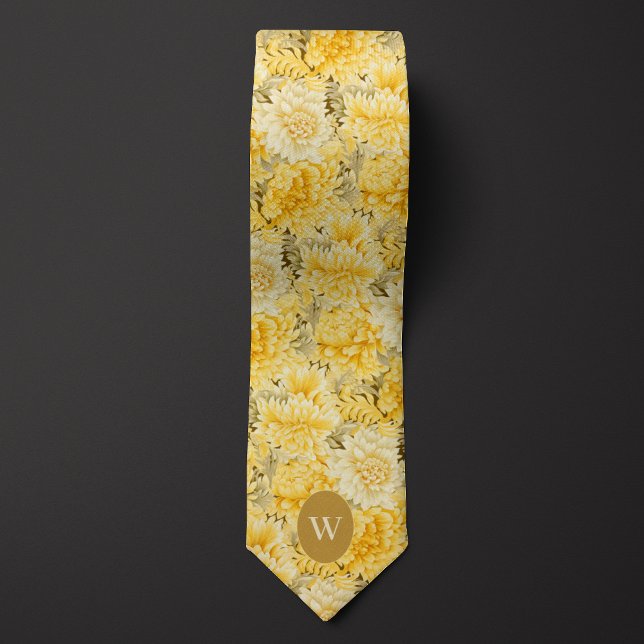 Buttercream Yellow Floral Monogram Tie (Creator Uploaded)