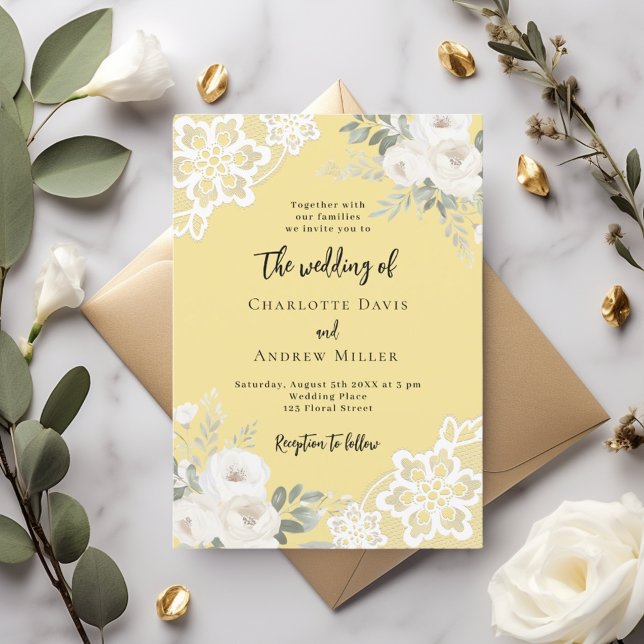 Buttercream yellow white roses lace wedding invitation (Creator Uploaded)