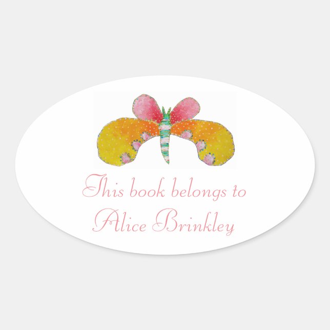 Buttercup Butterfly Bookplate Oval Sticker (Front)