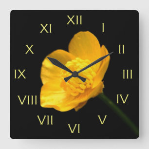 Buttercup Flower Yellow Roman Numbers wc Square Wall Clock