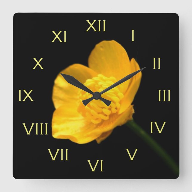 Buttercup Flower Yellow Roman Numbers wc Square Wall Clock (Front)