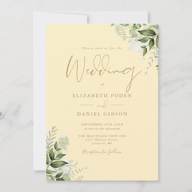 Buttercup Yellow And Gold Greenery QR Code Wedding Invitation (Front)