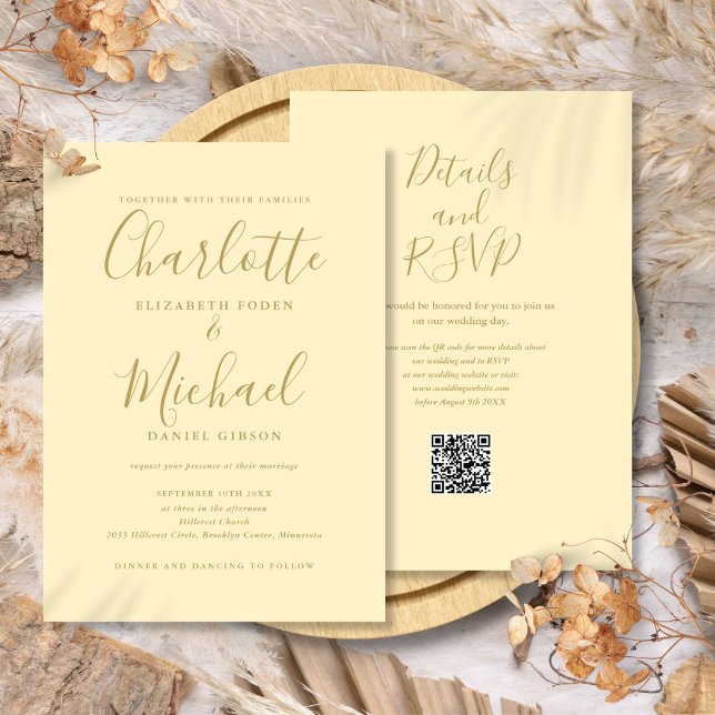 Buttercup Yellow and Gold QR Code Wedding Invitation (Buttercup Yellow and Gold QR Code Wedding Invitation)