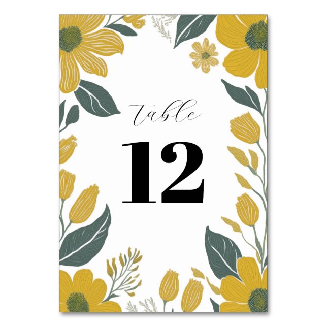 Buttercup Yellow Floral Modern Wedding Table Number (Front)