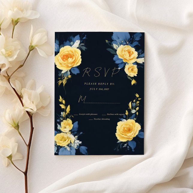 Buttercup yellow navy blue boho floral RSVP  Invitation (Buttercup yellow navy blue boho floral RSVP)