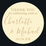 Buttercup Yellow Signature Wedding Favour Thank Yo Classic Round Sticker<br><div class="desc">Buttercup yellow signature wedding favour thank you classic round sticker featuring signature style names. Personalise with your special thank you information in chic gold typography. Designed by Thisisnotme©</div>