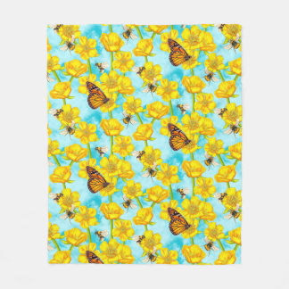 Buttercups, Bees and Butterflies on Clouds Fleece Blanket