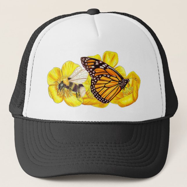 Buttercups, butterfly and bee illustration trucker hat (Front)