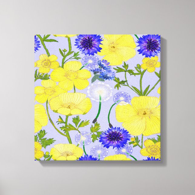 Buttercups, Dandelion Puffballs Blue Cornflowers Canvas Print (Front)